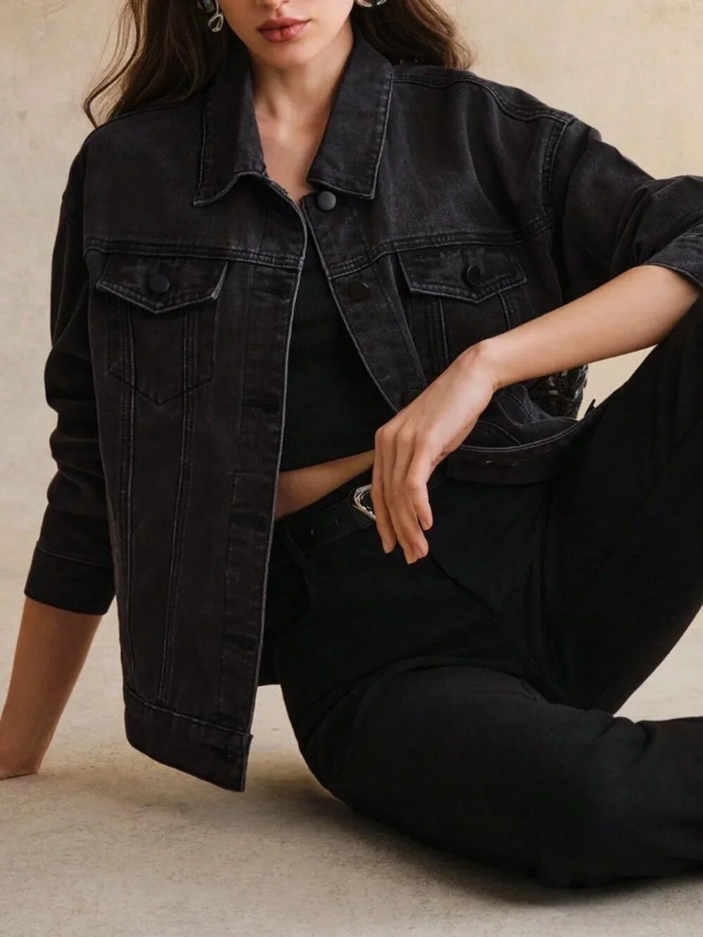 Black Casual Women's Elegant Sexy Lace Long Sleeve Blouse & Jeans